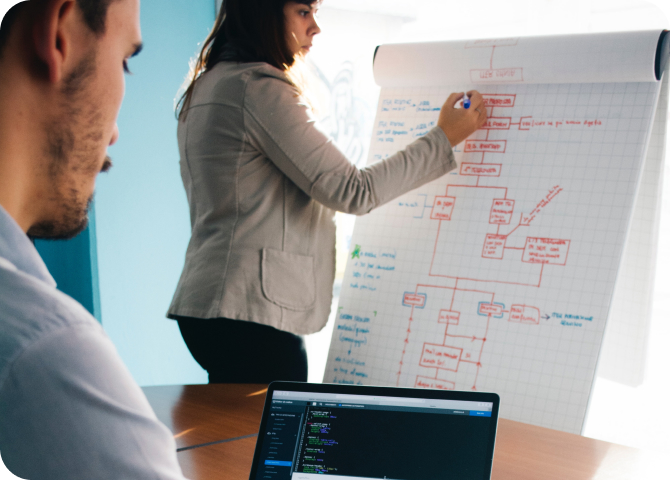 A man and a woman writing on a whiteboard.