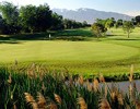 A golf course with a pond.