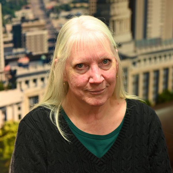 A woman with blonde hair.