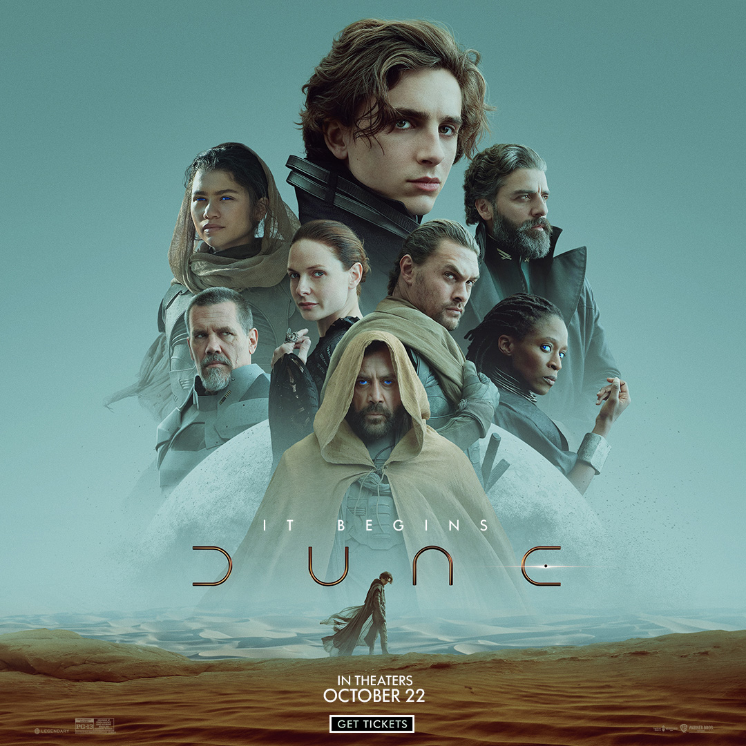 A poster of Timothée Chalamet, Rebecca Ferguson, Josh Brolin, Oscar Isaac, Jason Momoa, Sharon Duncan-Brewster et al.