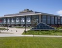 A building with a glass front.
