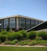 A building with a glass front.