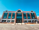 A building with glass windows.