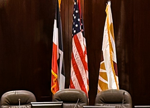 County council chamber with flags.