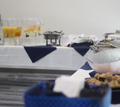 A table with food and drinks on it.