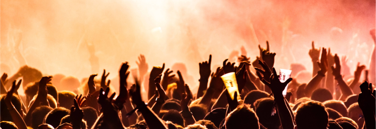 A large crowd of people raising their hands.