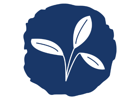 A dark blue circle with a white icon of a plant in the middle.