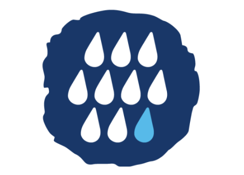 A dark blue circle with nine white rain drops and one light blue rain drop.