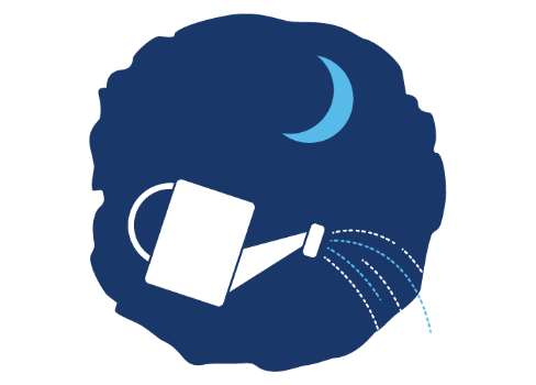 A dark blue circle background with a light blue crescent moon on the right and a white watering can pouring water.