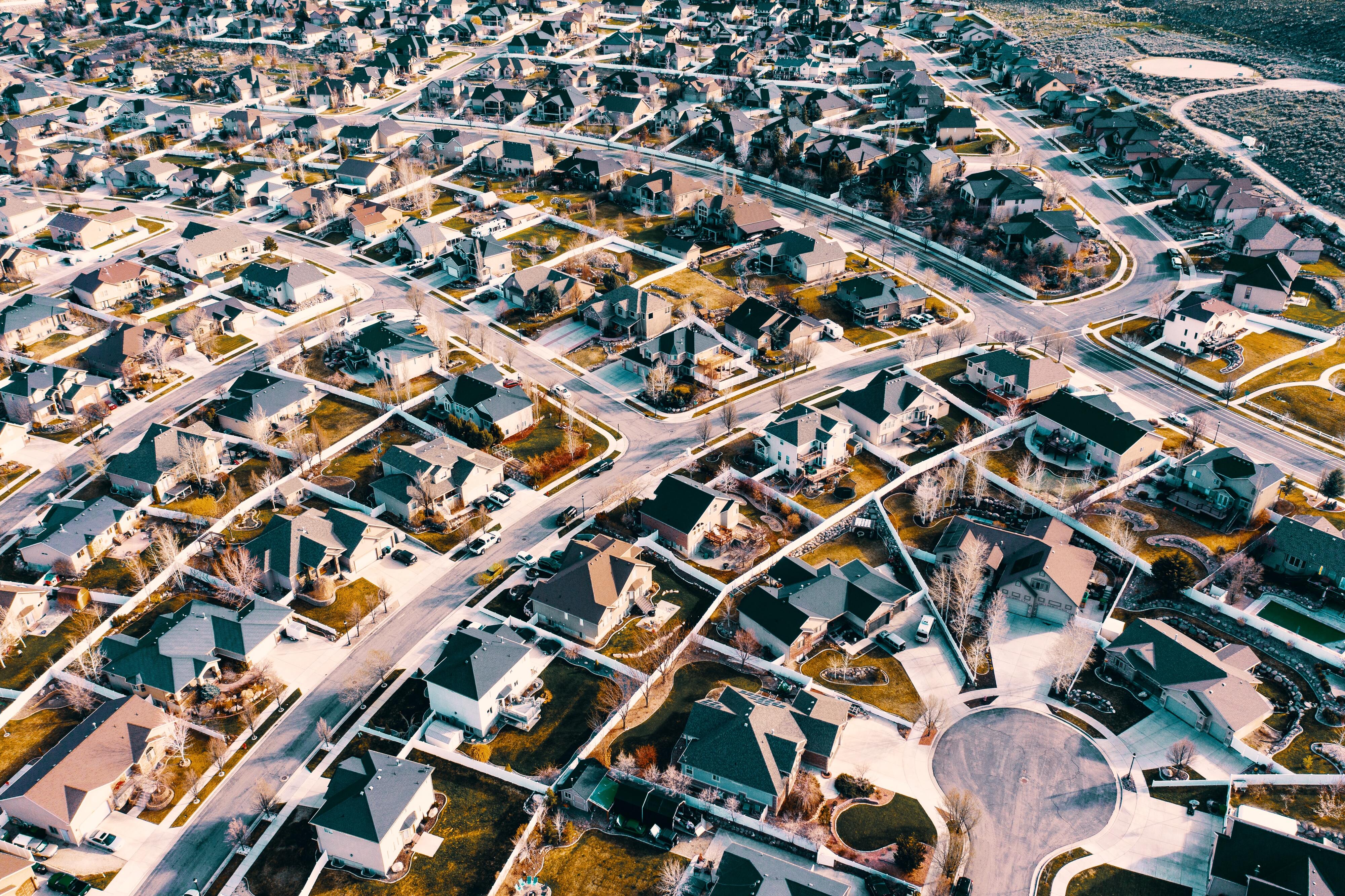 A high angle view of a city.