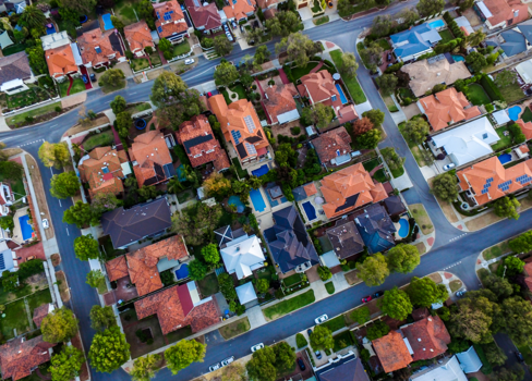 Aerial view of a neighborhood.