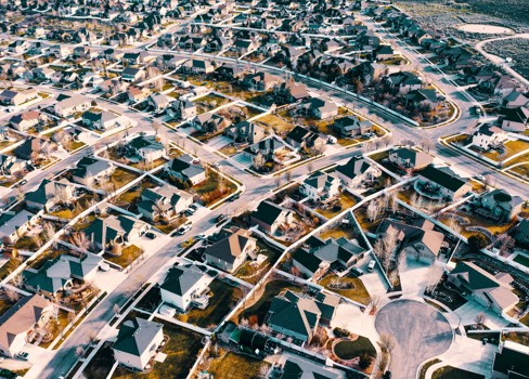 A high angle view of a city.