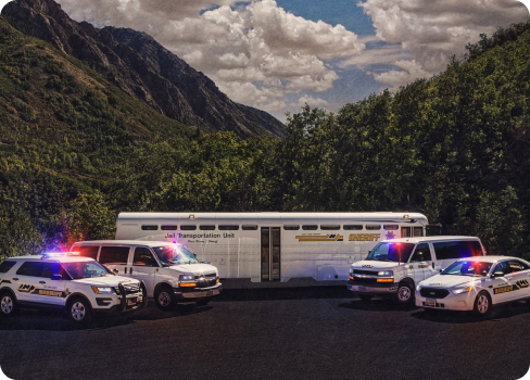 A group of cars and a train on a road with trees and mountains.